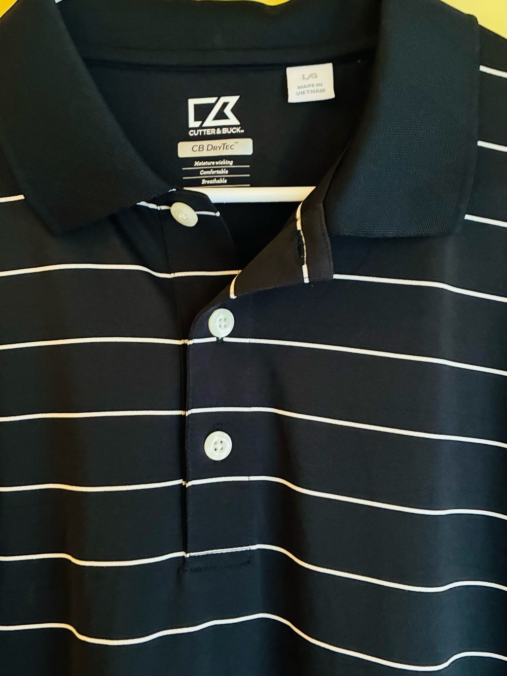 Cutter & Buck Navy Polo with White Horizontal Stripes